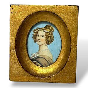 Antique Mid 19th Century French Miniature Portrait Blond Woman Gilded 3""